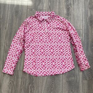 Icikuls - Women’s Athletic Quarter Zip in Pink/White Abstract Pattern - Size L